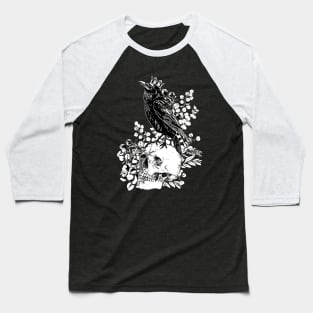 Black raven with skull and crow, skeleton eucaliptus leaves, black and white Baseball T-Shirt